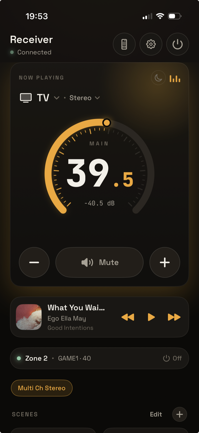 Volume dial reading 39.5, -40.5 dB, with mute and step buttons