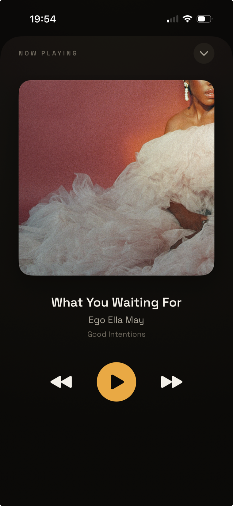Expanded now-playing screen with full album art and transport controls