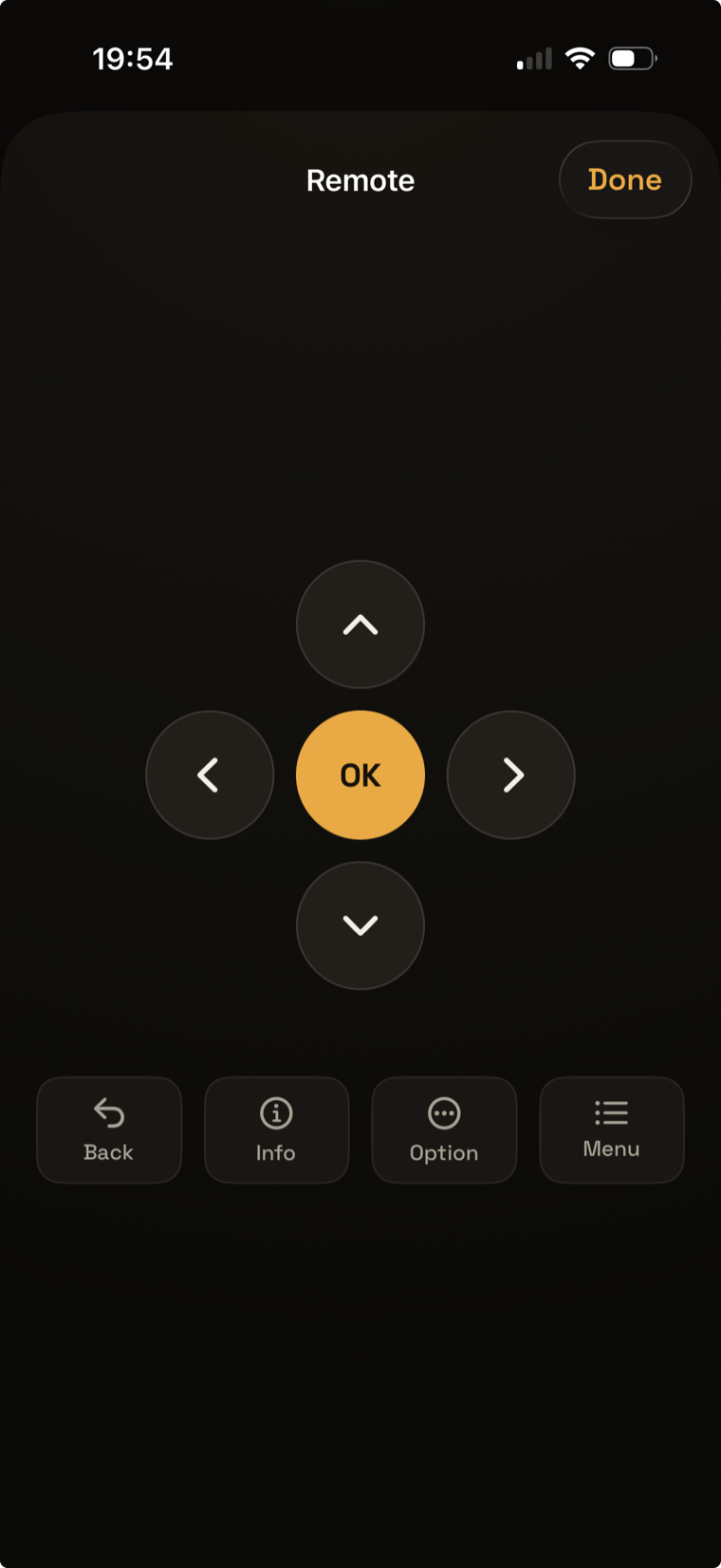 Full remote screen with D-pad, OK button and Back / Info / Option / Menu keys