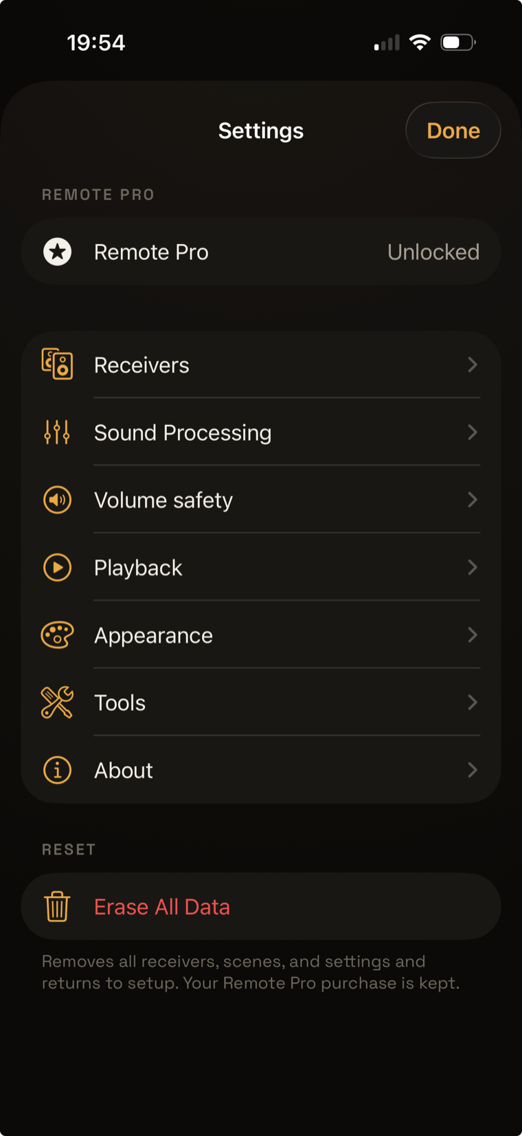 Settings screen showing Sound Processing, Volume safety and more