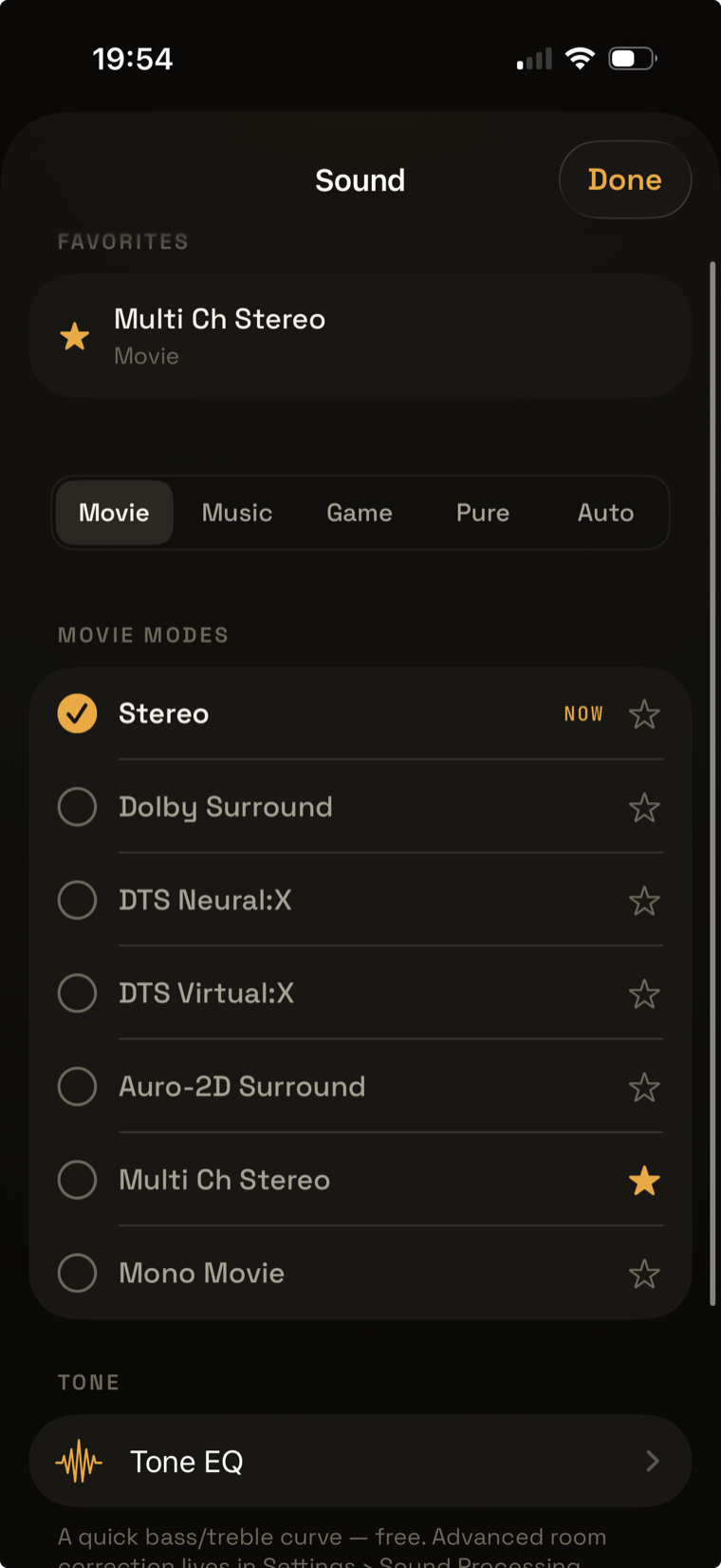 Sound mode picker with favorites, movie modes and Tone EQ